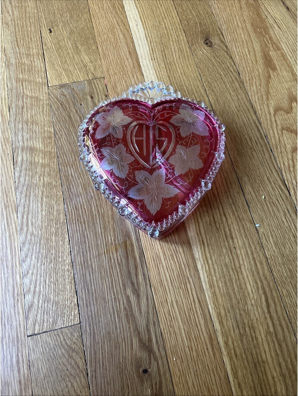 Vintage Etched Glass Large Dresser/Jewelry Box Heart Shaped 9”